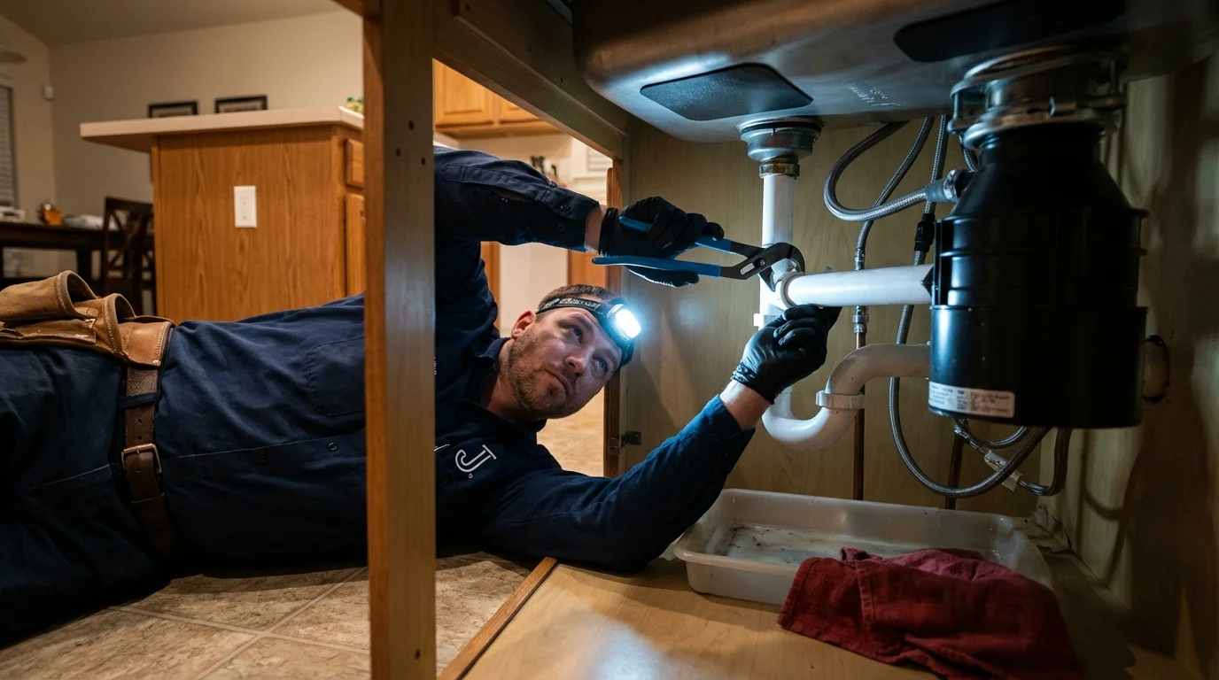 P-trap and supply line connections under a kitchen sink showing a common leak point in Loveland, OH
